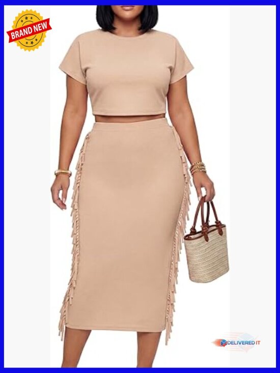 Other - 2 Piece Outfit Fringe Crop Top Bodycon Midi Skirt Set Sexy Clubwear